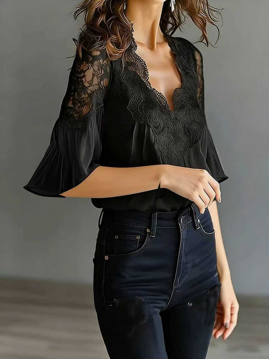 Women's Lace-Patchwork Puff-Sleeve Pleated Short-Sleeve Shirt