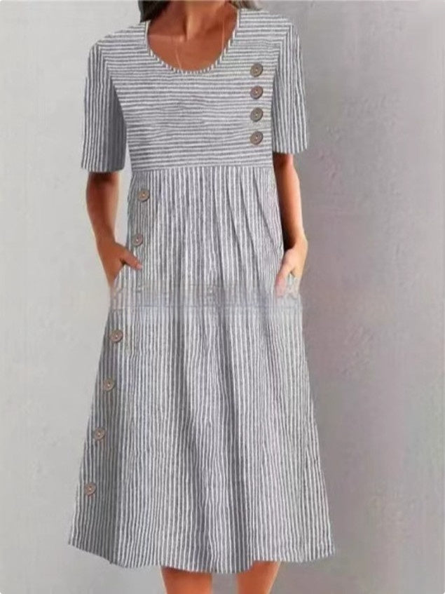 Printed Pocket Button Long Dress