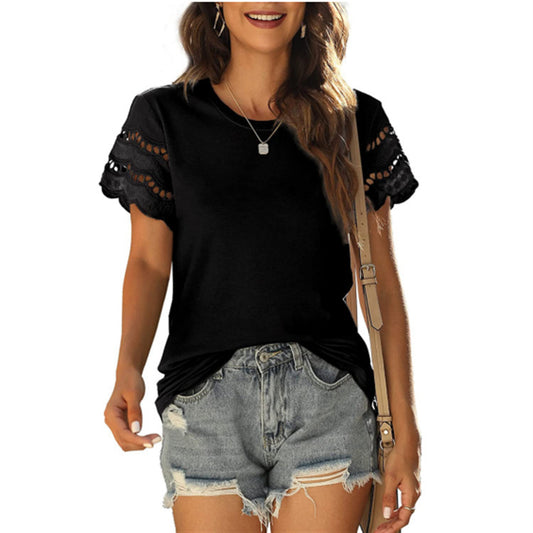 Women's Patchwork Lace Crew Neck Fashion T-Shirt