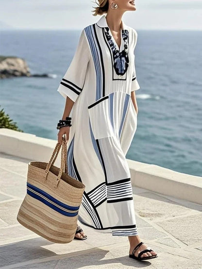 Printed V-neck Three-quarter-length Sleeve Kaftan Dress With A Long Patch Pocket