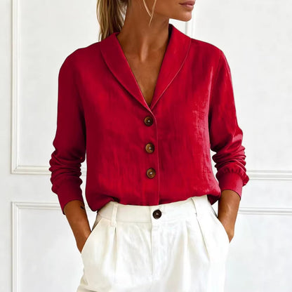 Fashionable Cotton-Linen Long-Sleeve Peter Pan Collar Button-Up Shirt