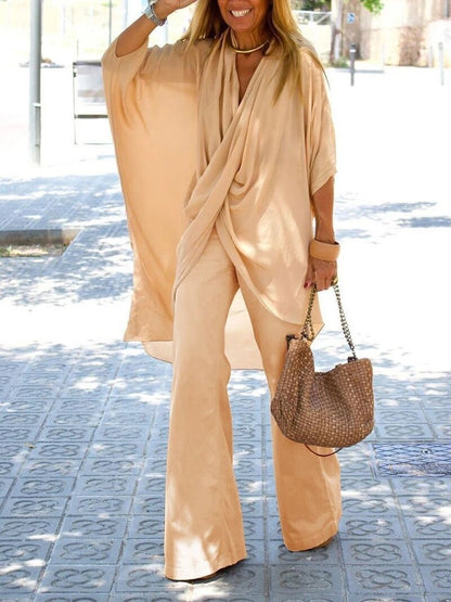 Women's Bat Sleeve Top With Raglan Sleeves Wide-leg Trousers