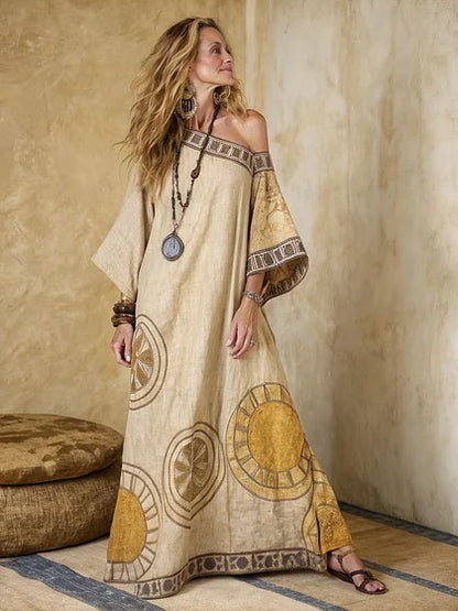 Printed V-Neck Three-Quarter Sleeve Long Kaftan Dress