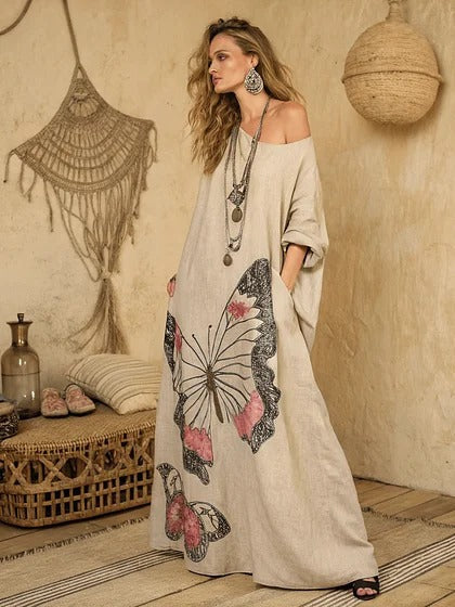 Printed V-Neck Three-Quarter Sleeve Long Kaftan Dress