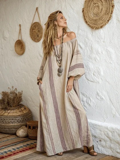 Printed V-Neck Three-Quarter Sleeve Long Kaftan Dress