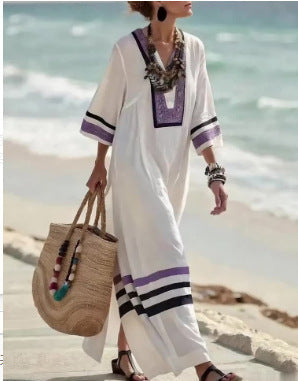 Five-quarter-sleeve Long Caftan Dress With Patch Pockets