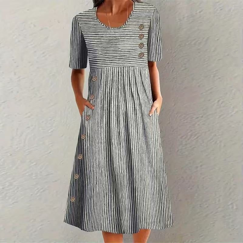 Printed Pocket Button Long Dress
