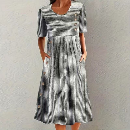 Printed Pocket Button Long Dress
