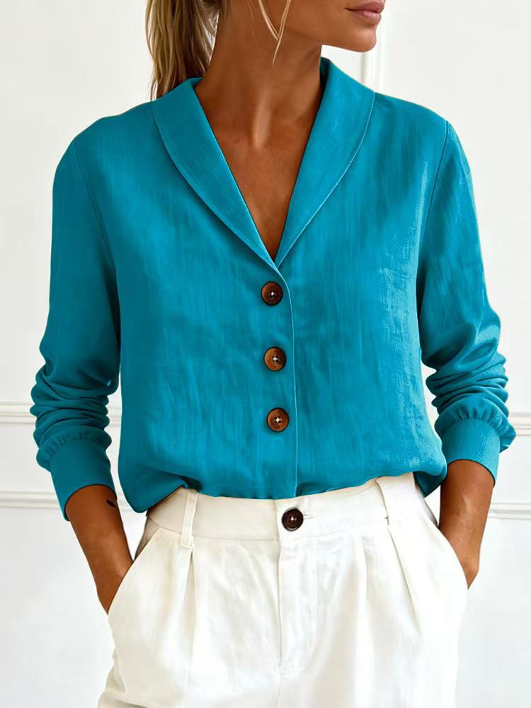 Fashionable Cotton-Linen Long-Sleeve Peter Pan Collar Button-Up Shirt