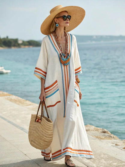 Printed V-neck Three-quarter-length Sleeve Kaftan Dress With A Long Patch Pocket
