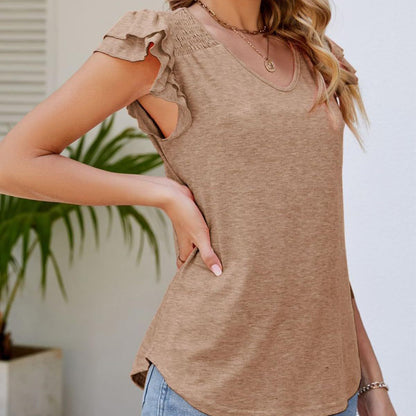 Women's V-neck Pleating Short Sleeve Loose