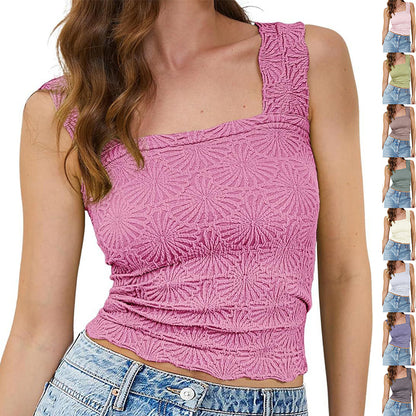 New Slim Fit Square Neck Vest Summer Fashion Jacquard Sleeveless Top For Women Clothing