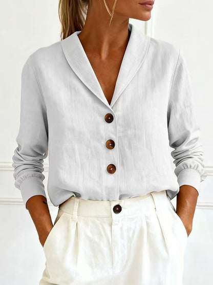 Fashionable Cotton-Linen Long-Sleeve Peter Pan Collar Button-Up Shirt