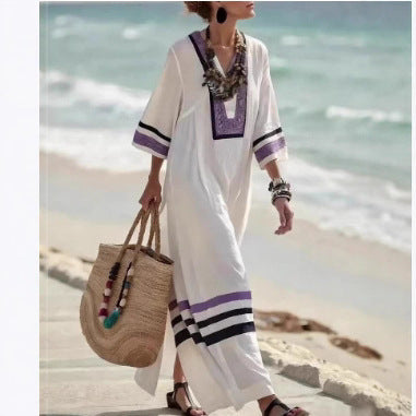 Five-quarter-sleeve Long Caftan Dress With Patch Pockets