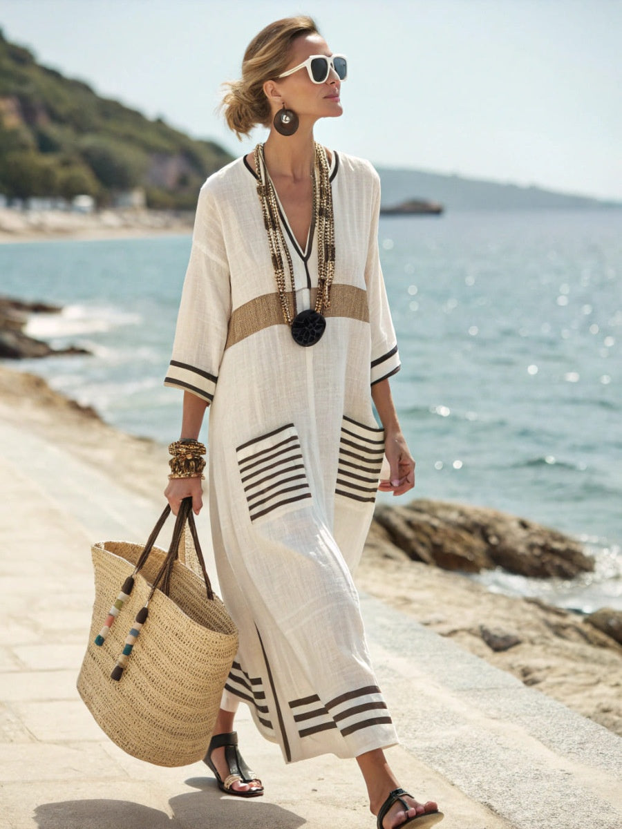 Printed V-neck Three-quarter-length Sleeve Kaftan Dress With A Long Patch Pocket