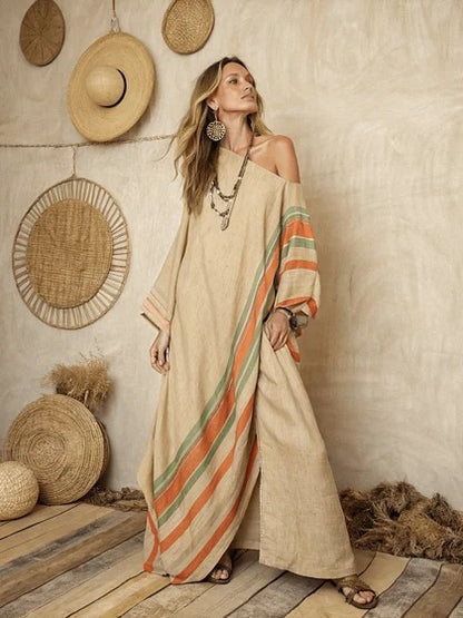 Printed V-Neck Three-Quarter Sleeve Long Kaftan Dress