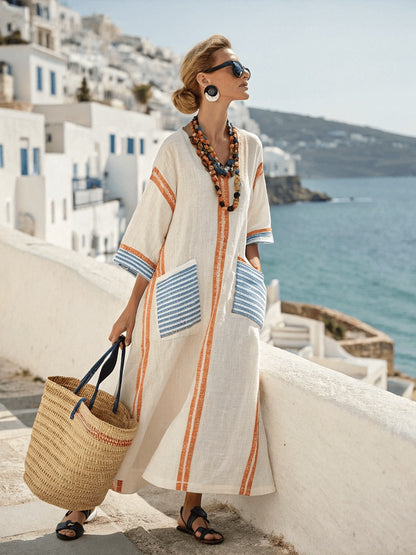 Printed V-neck Three-quarter-length Sleeve Kaftan Dress With A Long Patch Pocket
