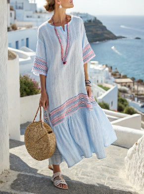 Five-quarter-sleeve Long Caftan Dress With Patch Pockets