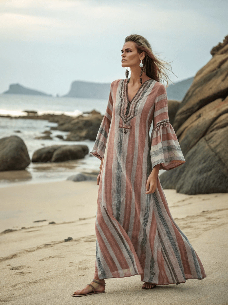 Five-quarter-sleeve Long Caftan Dress With Patch Pockets