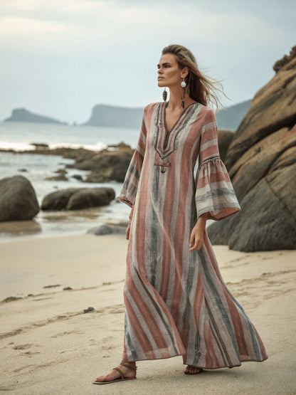 Five-quarter-sleeve Long Caftan Dress With Patch Pockets