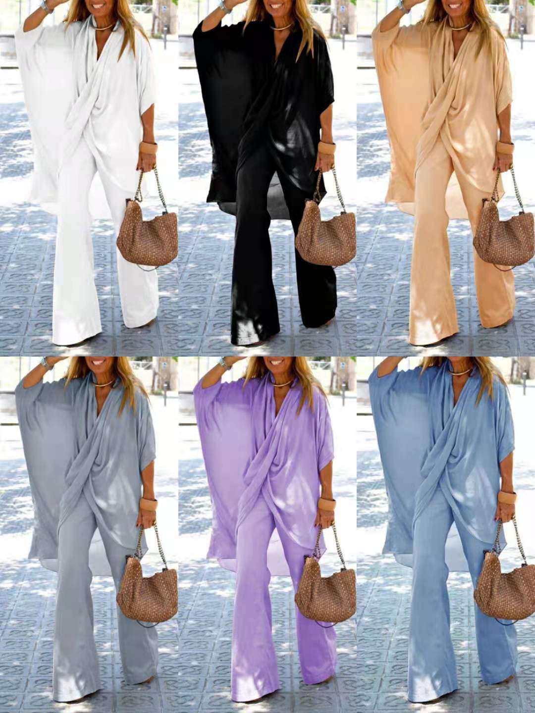 Women's Bat Sleeve Top With Raglan Sleeves Wide-leg Trousers