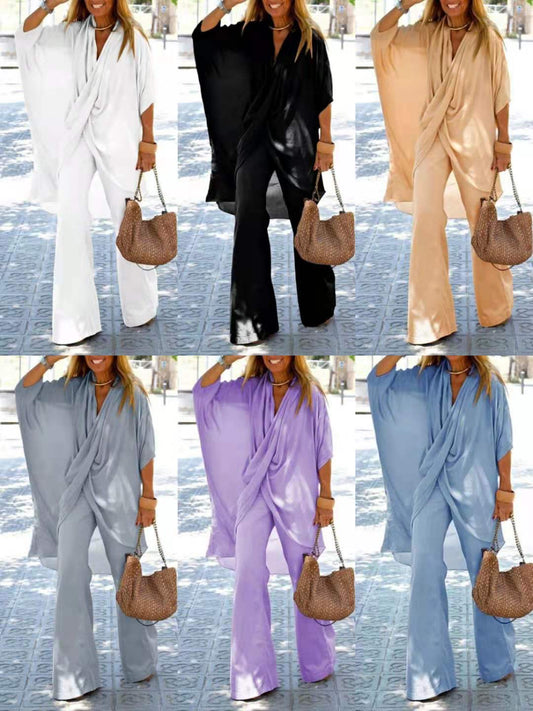 Women's Bat Sleeve Top With Raglan Sleeves Wide-leg Trousers