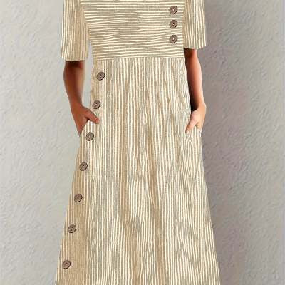 Printed Pocket Button Long Dress