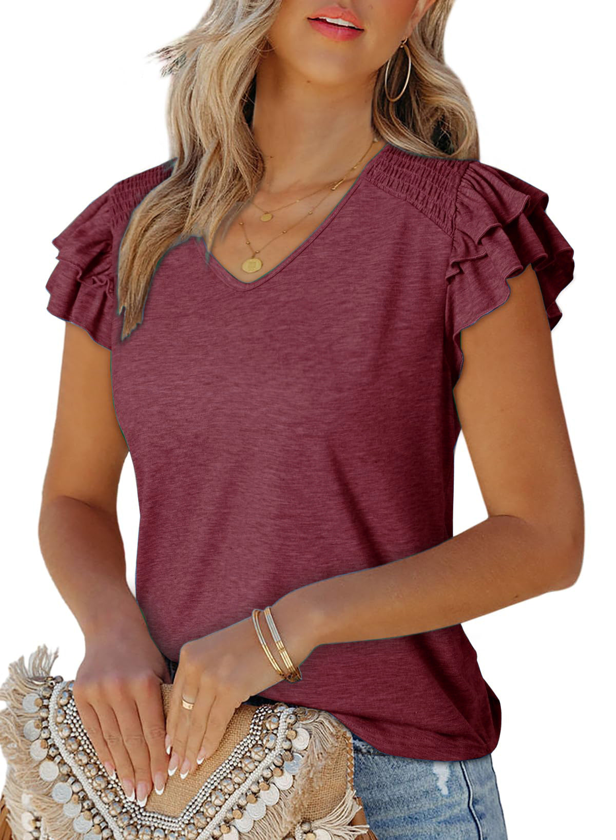Women's V-neck Pleating Short Sleeve Loose