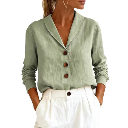 Fashionable Cotton-Linen Long-Sleeve Peter Pan Collar Button-Up Shirt