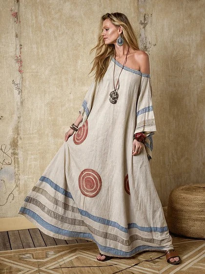 Printed V-Neck Three-Quarter Sleeve Long Kaftan Dress
