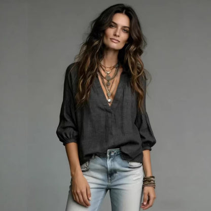 Womens Loose Casual V-Neck Three-Quarter Sleeve Shirt