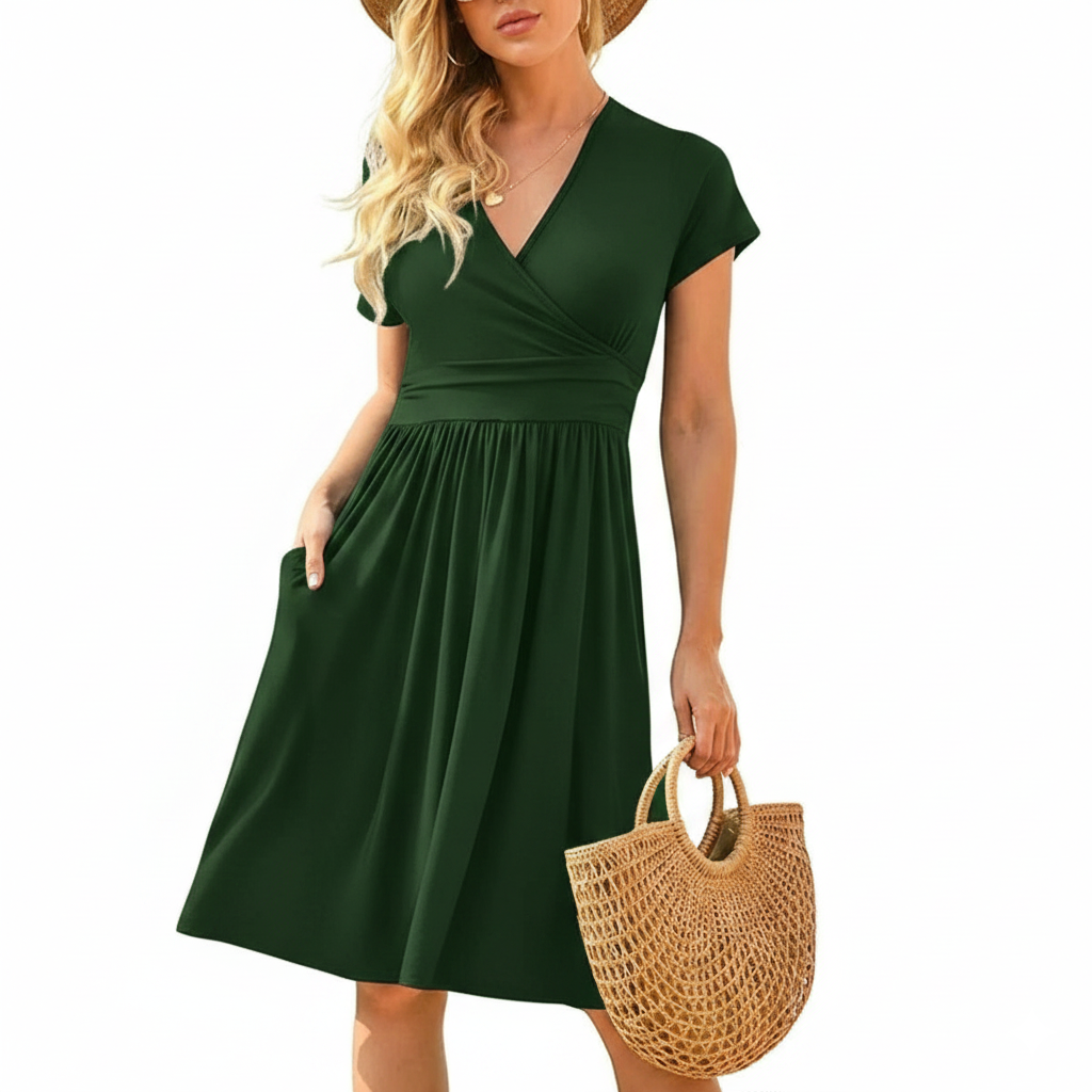 Short-Sleeve Printed Cinched Dress