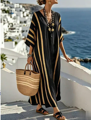 Five-quarter-sleeve Long Caftan Dress With Patch Pockets