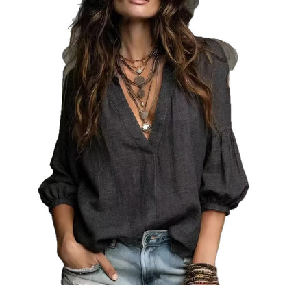 Womens Loose Casual V-Neck Three-Quarter Sleeve Shirt