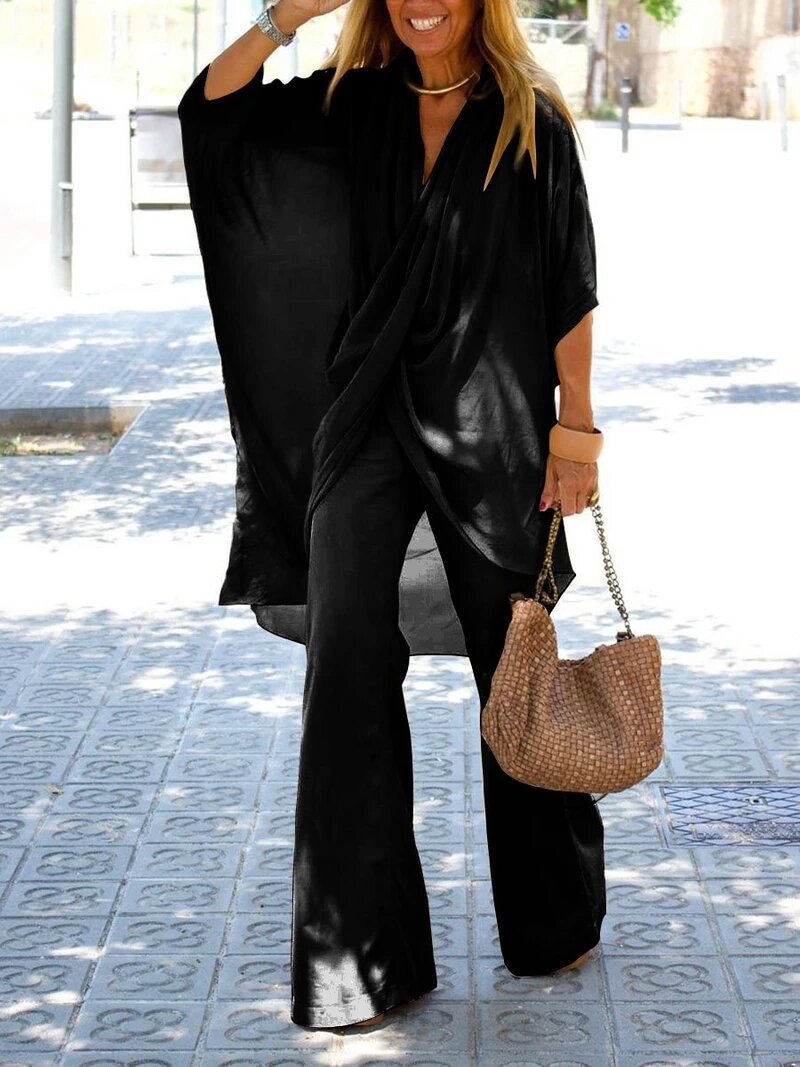 Women's Bat Sleeve Top With Raglan Sleeves Wide-leg Trousers