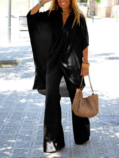 Women's Bat Sleeve Top With Raglan Sleeves Wide-leg Trousers