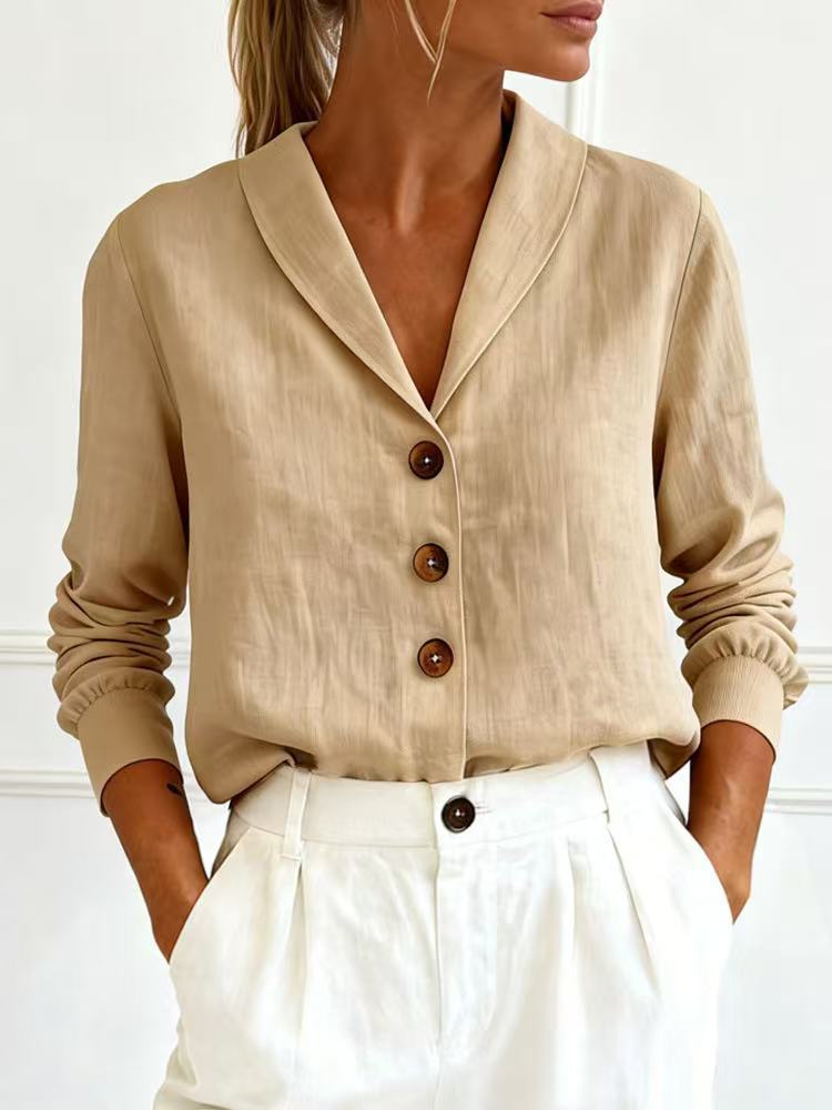 Fashionable Cotton-Linen Long-Sleeve Peter Pan Collar Button-Up Shirt