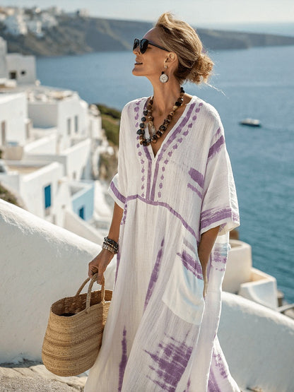 Printed V-neck Three-quarter-length Sleeve Kaftan Dress With A Long Patch Pocket