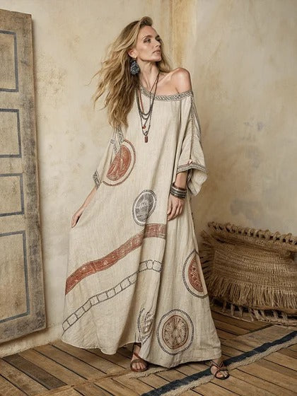 Printed V-Neck Three-Quarter Sleeve Long Kaftan Dress